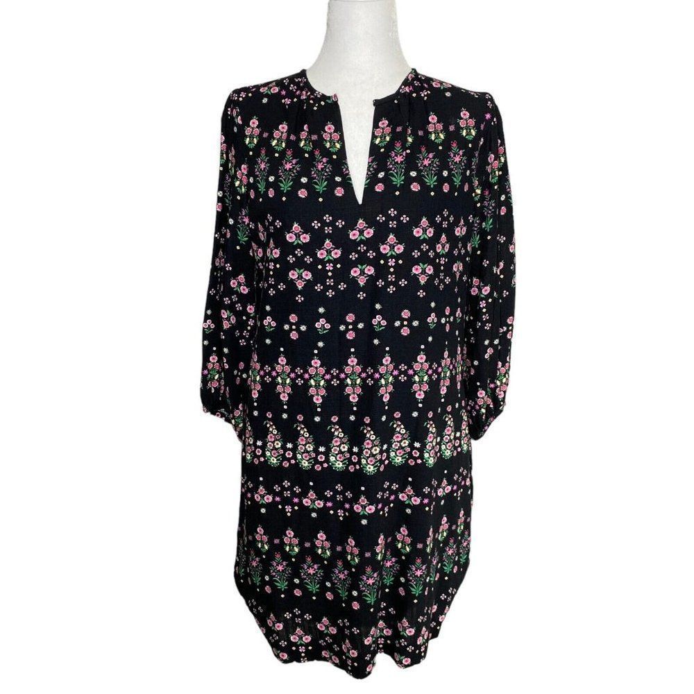 ANN TAYLOR Dress Black Pink Floral Cottage Core Shift Dress Split Neck